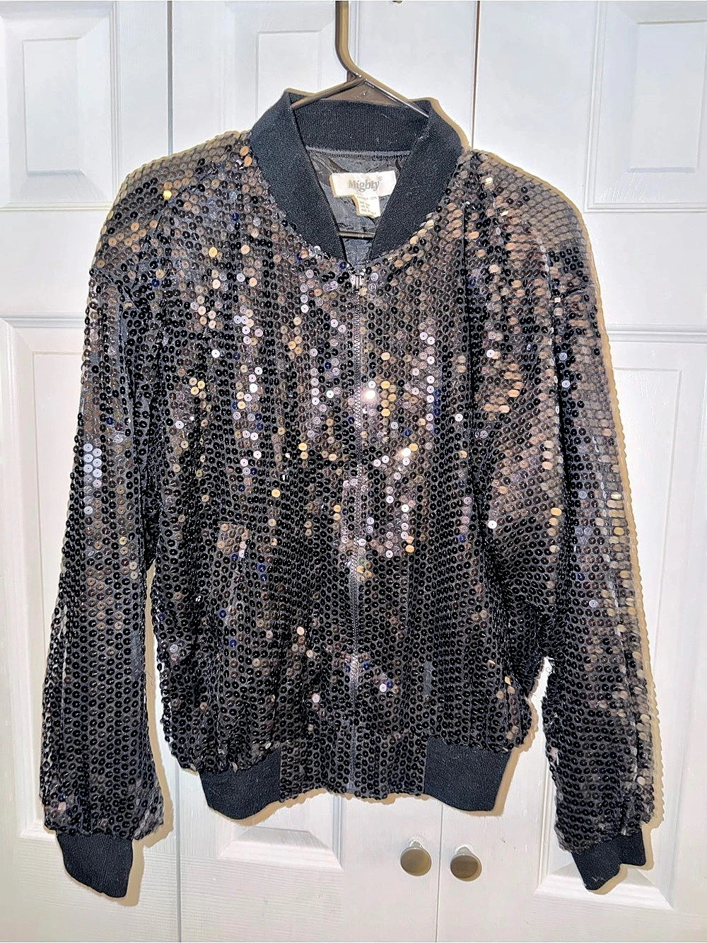 Mighty Sequin Bomber Jacket in Black & Silver Like New